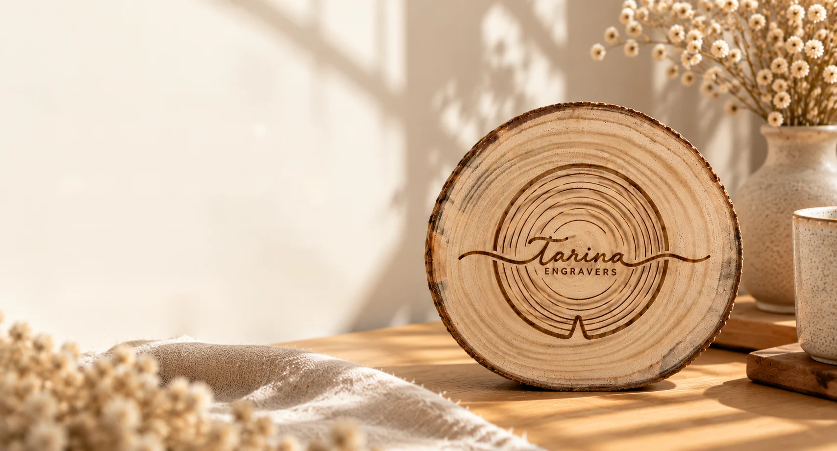Wooden log slice engraved with the Tarina Engravers logo